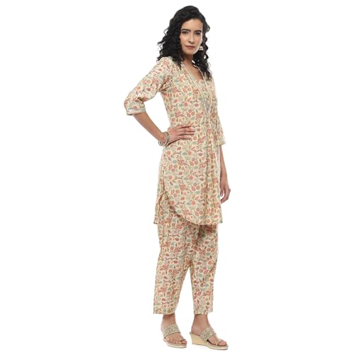 Image of Rangriti Ecru Viscose Blend Floral Printed Straight Co-ord Set For Women