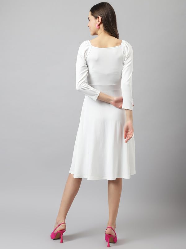 Image of Cicica Women's White Spandex Solid Fit & Flared Heart Neck 3 /4 Sleeve Western Dress | Colour - White