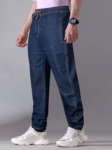 Image of Men's Comfort Fit Denim Lycra Joggers Jeans Stretchable High Rise Relaxed Fit Available in Dark Blue Navy Blue Light Blue Full Length Soft Fabric Machine Wash