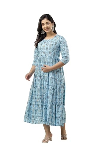 Image of Women's Rayon Anarkali Maternity Ankle Length Dress, Pregnancy Dress,Feeding Kurti,Easy Brest Feeding Dress, with Both Side 9 inch Zipper and Belt