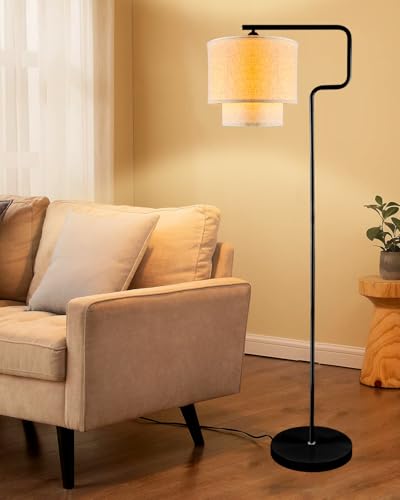 Image of Lightdot 62IN Floor Lamps for Living Room, Modern Standing Tall Lamps with Double Linen Shades, 3000K Arc Bohemian Floor Lamp with Foot Switch for Wedding /Party, Bedroom, Home Office-Black