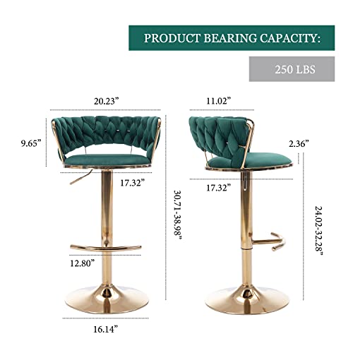 Kiztir 360° Velvet Swivel Bar Stools Set Of 4, Adjustable Counter Height Bar Chairs With Woven Back & Footrest, Luxury Gold Bar Stools For Kitchen Island, Cafe, Pub (Green) #TOP5