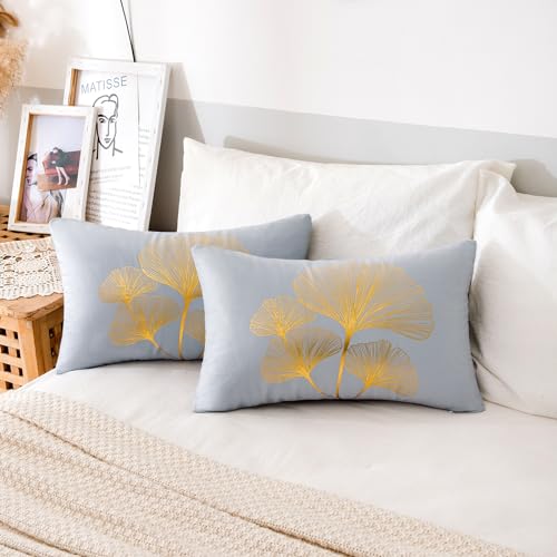 Lot de 2 Housse de Coussin Moderne 30x50 Housse de Coussin Velours Or Ginkgo Biloba Motif Housses Coussins Maison Décor Protecteurs Taie d'oreiller pour Chambre Salon Canapé Lit Décoration Gris