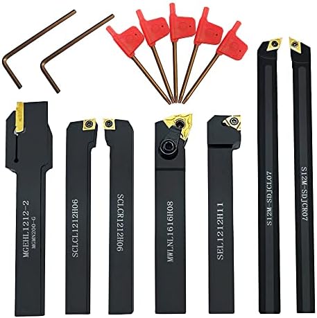 Indexable Lathe Turning Tool,1/2'' Shank 7 Pieces Carbide Turning Tool Set,Metal Lathe Tools Holder for Turning Grooving Threading with Tin Coated Carbide Inserts Turning Insert (B)