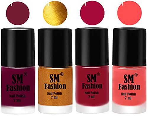 Image of Nail Polish Combo Set (Pack of 4) Quick Dry Gel Finish Nail Paint | Mulberry,Golden,Raspberry,Peach Pink | 7 ml Each