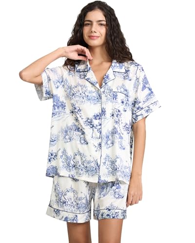 Image of YiNi LuLu Womens Silk Satin Shorts Pajamas Set Button Down 2 Piece Pjs Short Sleeve Oversized Sleepwear with Pockets