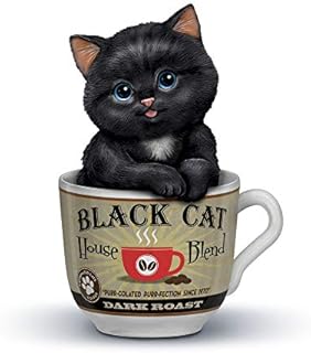 The Bradford Exchange Kayomi Harai 'Dark Roast' Kitten In A Coffee Cup Figurine - 'Black Cat House Blend' hand-applied label, high-gloss coating.