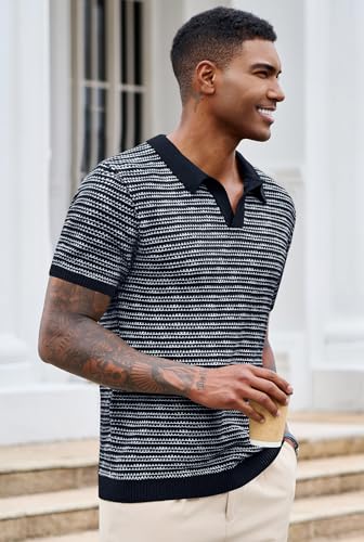 Men V Neck Polo Knit Striped Heavyweight Casual Poloshirts Summer Short Sleeve Shirt (S-XXL)4