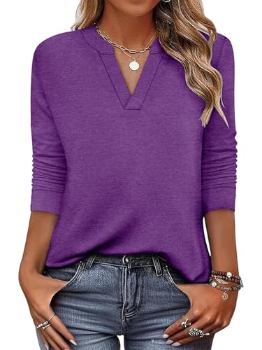 CRAZY GRID Women V Neck Long Sleeve Top Fashion Casual Dressy Fall Shirt Ladies Loose Light Blouse Comfort Soft Large Fall Clothes L Purple