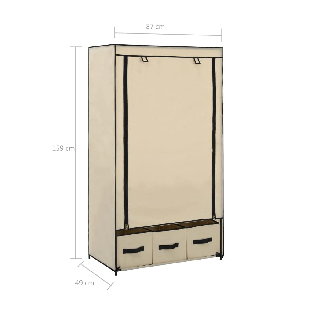 Szafa na ubrania kremowa 87 x 49 x 159 cm, materiałowa garderoba z 3 szufladami, przenośna szafa do sypialni i na strych, solidne przechowywanie