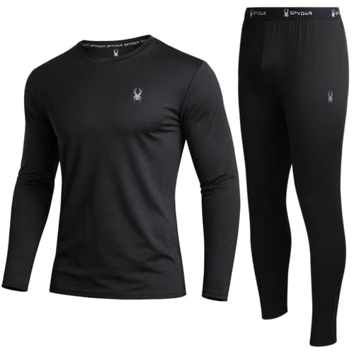 Spyder Mens Thermal Top and Bottom Set - 2 Piece Fleece Lined Thermal Shirts for Men and Long Johns Leggings Base Layer Set, Size Small, Black
