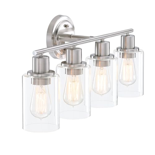 Image of Brushed Nickel 4-Light Bathroom Light Fixture Over Mirror Sink, 4-Light Bathroom Vanity Lights Brushed Nickel Vanity Wall Sconce for Mirror