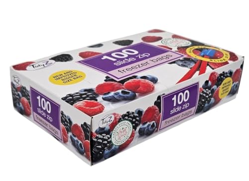 100 TidyZ Large Slide Zip Freezer Bags. Resealable. Zip Lock Food Bags. BPA Free. For Freezing Fruit Vegetables Meat. Keeps food Fresh. In a Dispenser Box