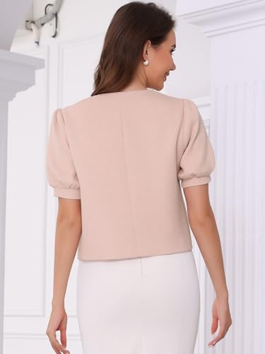 Allegra K Cropped Tweed Jacket for Women's Summer Puff Short Sleeve Crew Neck Office Work Blazer3