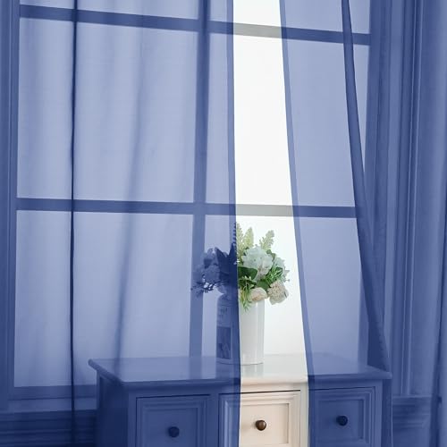 Image of OVZME Royal Blue Sheer Curtains 63 Inches Long 2 Panels - Soft Light Filtering Window Sheer Panels for Living Room /Bedroom, Top Dual Rod Pocket, 1 Pair, Each 42Wx63L Inches