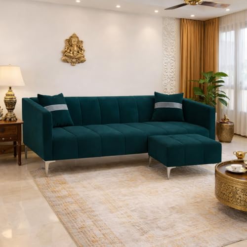 Image of Solomon 4 Seater L Shape Sofa Set with Movable Ottoman | Flexible Left or Right Layout | Luxe Velvet Suede Fabric | Comfortable Seating | Modern Sofa for Living Room - Green Teal