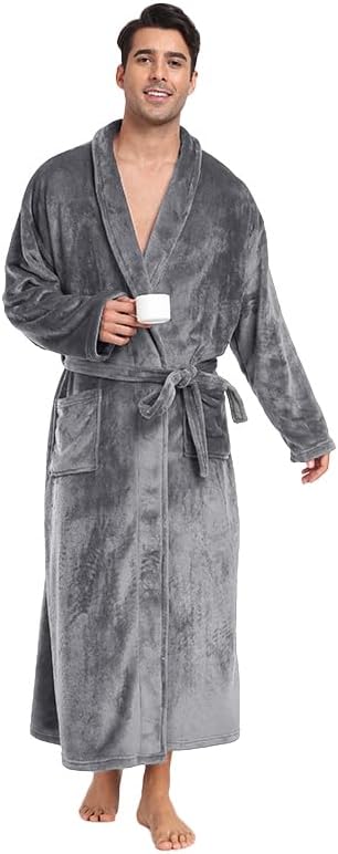 Mens Fleece Robe Soft Plush Collar Shawl Bathrobe Lightweight Long Bath Shower with Belt & 2 Pockets - Image 2