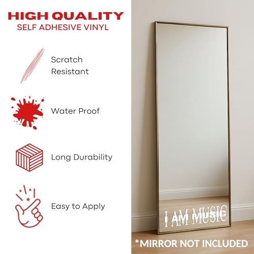 Image of Sticker for Glass & Mirrors| Minimal Vinyl Decal for Bedroom Bathroom & Cafe | Self-Adhesive Waterproof Quote Aesthetic Mirror Sticker | No Mirror Included (I Am Music, Small, Matt White)