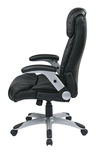 Office Star Ech Series High Back Executive Bonded Leather Office Chair With Adjustable Padded Flip Arms, Black With Silver Coated Base #TOP7