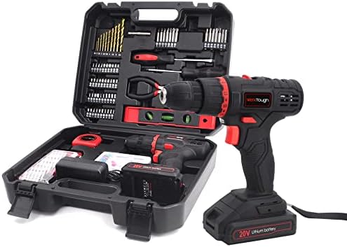 Powertough 110pcs Tool Kit For Home Repair,Maintainance And Improvements Including All Daily Home Tools Drill Bits ,Sockets,Screwdriver,Tape Measure,Plier,Level etc. And 20v Cordless Drill 2000MA Li-ion Battery Fast Charger