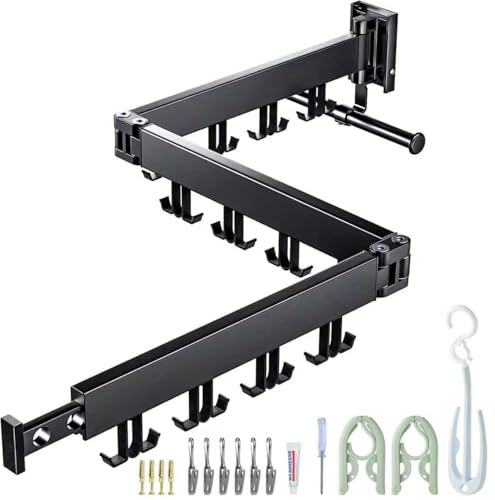 Wall Mounted Clothes Drying Rack, Space Saving,Triple Foldable, Retractable Clothes Airer with Extension Pole, Aluminium Clothes Dryer Rack with 24 Hooks, For Balcony, Laundry(Black-Double Hook )