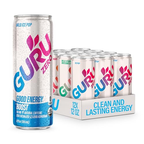 GURU ZERO SUGAR Organic Energy Drinks Variety Pack, Clean Energy