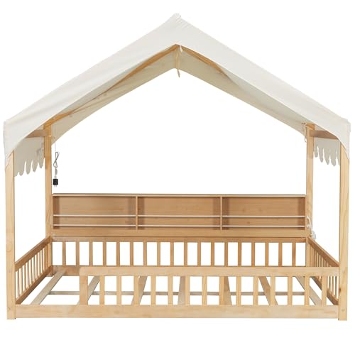 Image of Full Size Wooden Floor Bed for Kids,House-Shaped Daybed with Fense,3 Storage Bookshelves,Curtain and LED Light (Natural+Beige6)
