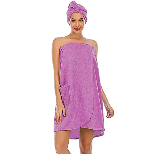 Damen Saunakilt, Damen Badetuch für Spa-Dusche Verstellbare Robe Trägerloses Badetuch Weiche Mikrofaser Bademäntel Wickel mit Haar Turban, Lila, XL