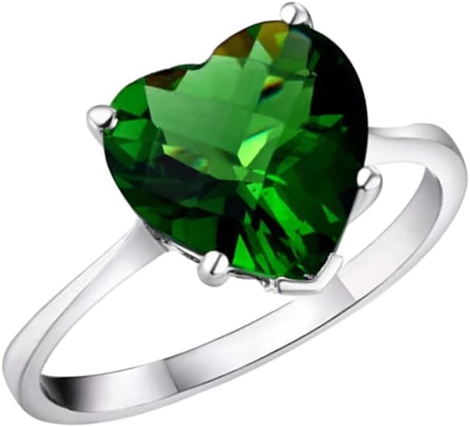 R0190 10mm Heart Shape Helenite Contemporary Style Sterling Silver Modern Ring (Green, 7)