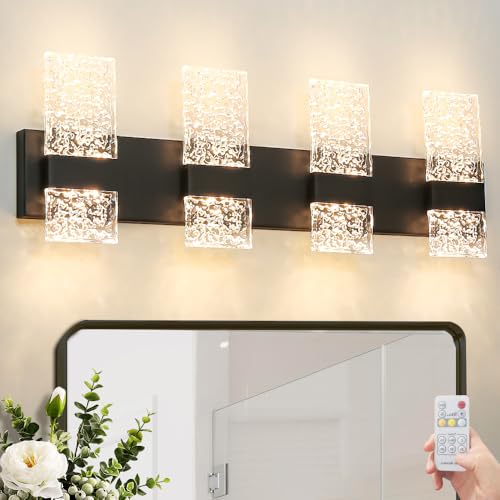 Image of Modern Matte Black 4 Lights Bathroom Vanity Light, Eleglant LED Bathroom Light Fixtures Over Mirror, Dimmable Acrylic Shade Wall Lighting Fixtures, Hardwired Wall Light(H9.25in, L28.35in)