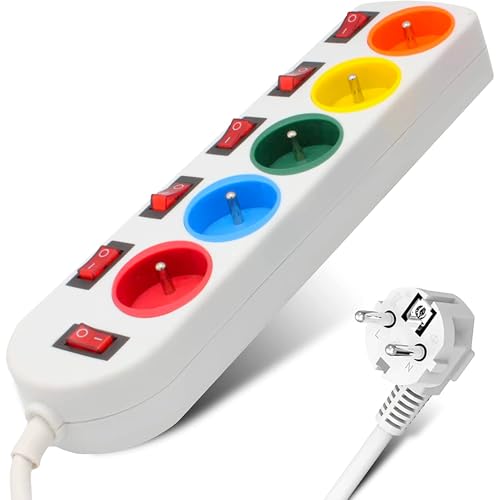 Multiprise 5 prises couleur interrupteur individuel FISHTEC câble 1.5m NF