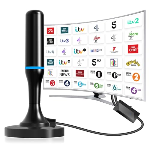 Portable Indoor TV Aerial, Digital Aerial for Smart TV with Amplifier, Freeview HD Antenna Indoor with Magnetic Base & 9.8FT Cable, Support 4K 1080P HDTV Tuner/DVB-T Television/DAB Radio/SD