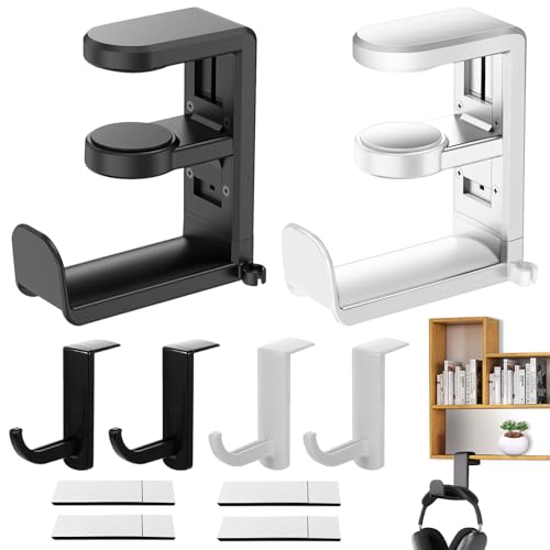 WZYTEU Juego de 6 soportes para auriculares, 2 soportes para auriculares con 4 auriculares, soporte para colgar auriculares, soporte para todos los auriculares y auriculares (blanco/negro)
