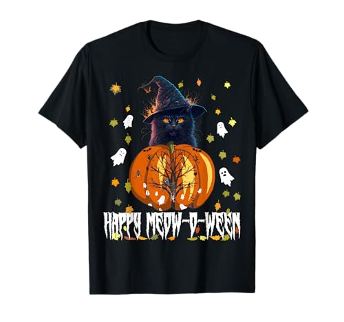 Happy Meow-O-Ween - Fantasmas divertidos de abóbora de Halloween com gato preto t-shirt, Preto