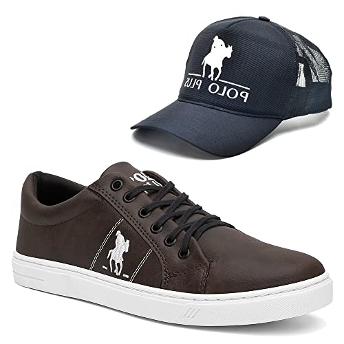 Kit Tênis Casual Polo Sapatênis Masculino Almofadado + Boné Cor:Marrom;Tamanho:37