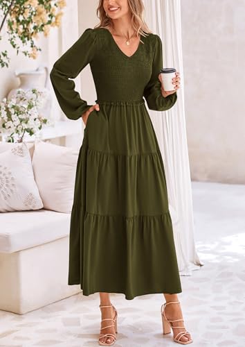 Image of PRETTYGARDEN Fall Dresses for Women 2025 Casual Long Sleeve V Neck Smocked A Line Long Flowy Wedding Guest Dress