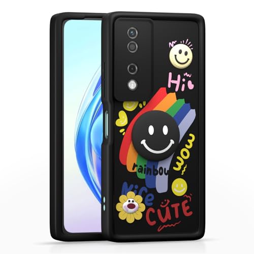 Image of Pikkme Back Cover for Honor X7B 5G | Soft Silicone| Cute Rainbow Smile & 3D Cartoon Flower Design | Shockproof Raised Camera Protection Bumper Case (Black)