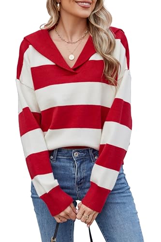 Image of D-Sun Women Striped Sweater V Neck Long Sleeve Cropped Color Block Pullover Sweater Casual Fall Winter Knit Polo Jumper Top
