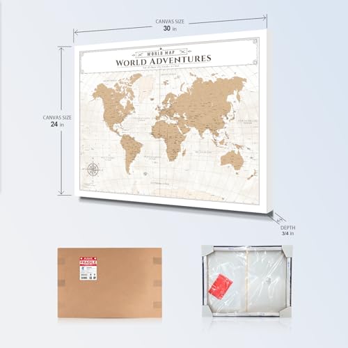 Image of IPIC - Vintage World Map Pin Board Canvas Wall Art, Travel Map with Pins Included, Ready to Hang for Home or Office, 30x24 Inch