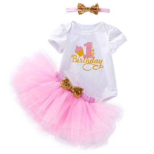 3PCS Ropa Bebé Niña Recién Nacida Princesa Traje de Cumpleaños Manga Corta Mameluco+Tutu Falda+Diadema Conjunto