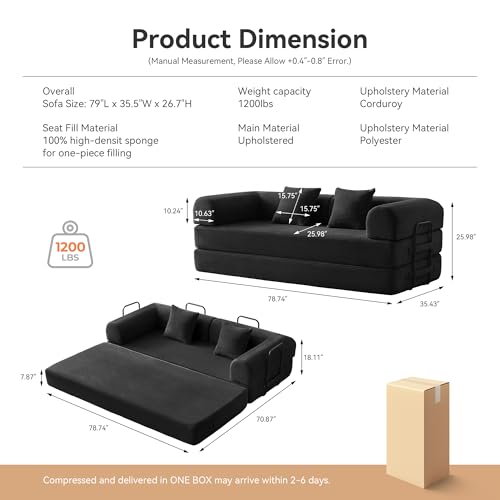 Image of Convertible Sleeper Bed with 2 Cylindrical Pillow, Comfy Foldable Bed Compressed Sofa in Box, Floor Sofa Lounge Couch for Living Room Bedroom Lounge Studio, Tool-Free Assembly (Black)