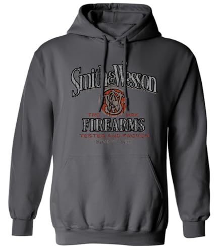 Smith & Wesson Officially Licensed Men's Long Sleeve Graphic Hoodie, Tested and Proven Vintage Logo Pull Over Sweatshirt