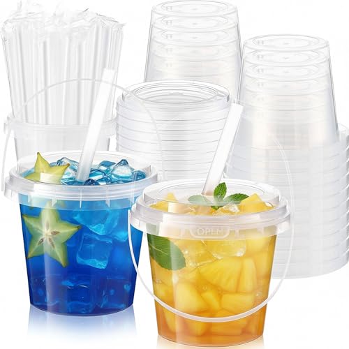50 Sets 24 oz Clear Plastic Drink Buckets with Lids, Straws and Handles, PP Disposable Cups for Smoothies, Ice Cream, Outdoor Travel, Beach, Pool and Party Supplies