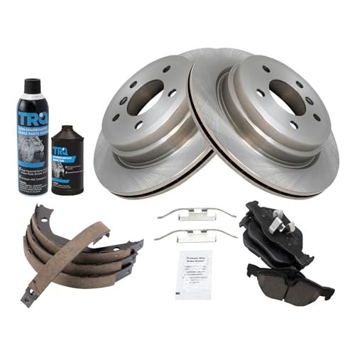 Image of TRQ Rear Brake Pad & Rotor Kit, with Chemical Kit Parking Brake Shoe Set Ceramic Compatible with 2007-2013 BMW 328i 2009-2013 328i xDrive 2007-2008 328xi 2013-2015 X1
