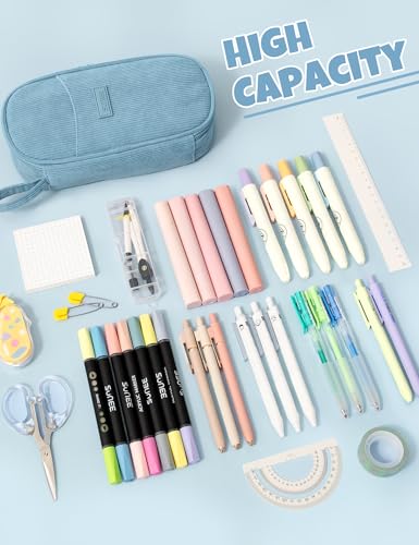 Image of SUNEE Cute Pencil Case, Large Pencil Pouch, Aesthetic Big Pencil Bag with Zipper, Kawaii Stationery Storage and Organizer, School Supplies for Teen and Adult, Boys&Girls, Soft Corduroy Grey Blue