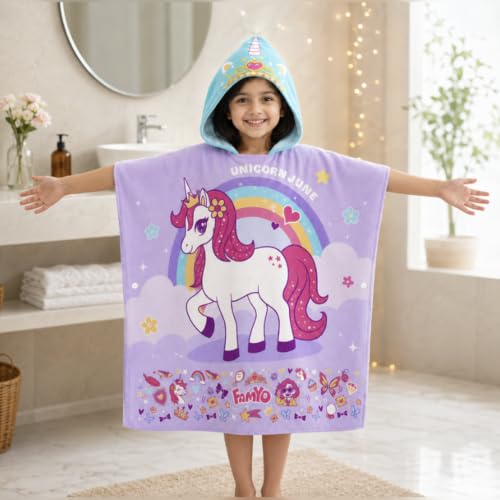 Image of Famyo Maxx Hooded Poncho Towel for Kids 1-7 Years, Purple June, 60x60 cm | Soft Quick-Dry Microfiber Kids Bath Towel | Swimming, Pool & Beach Towel for Boys & Girls for Kids