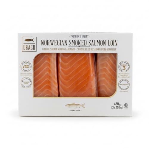 Lomo de Salmón Noruego Ahumado - Pack de 450 g (3 unidades x 150 g) - Alto en Omega-3 y Proteínas - Salmón de Noruega Seleccionado para Sashimi, Tostas y Aperitivos - Ubago - Sin Gluten - NEXU
