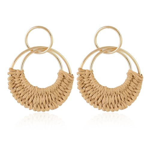Handmade Raffia Hoop Earrings Statement Tropical Bohemian Straw Dangle Earrings Natural Rattan Vacation Style Round Earrings for Women Summer Beach Party Essential Jewelry