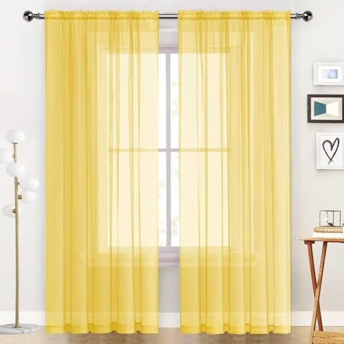SpaceDresser Basic Rod Pocket Sheer Voile Window Curtain Panels Yellow 1 Pair 2 Panels 60 Width 72 Inch Long for Kitchen Bedroom Children Living Room Yard（Yellow, 60W x 72L）
