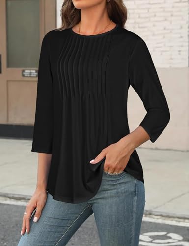 rosemia Womens Tops 3/4 Length Sleeve Blouses Dressy Casual Pleated Front T Shirts Loose Fit Tunic3